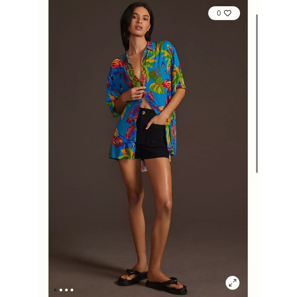 Farm Rio Tropical Parrot Palm Print Button Down Shirt Blue Rayon Womens XL